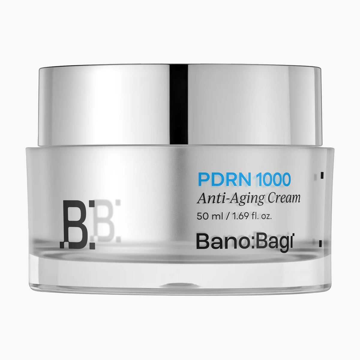 Bano:Bagi PDRN 1000 Anti-Aging Cream in a clear glass jar with a reflective silver lid, on a light gray background.
