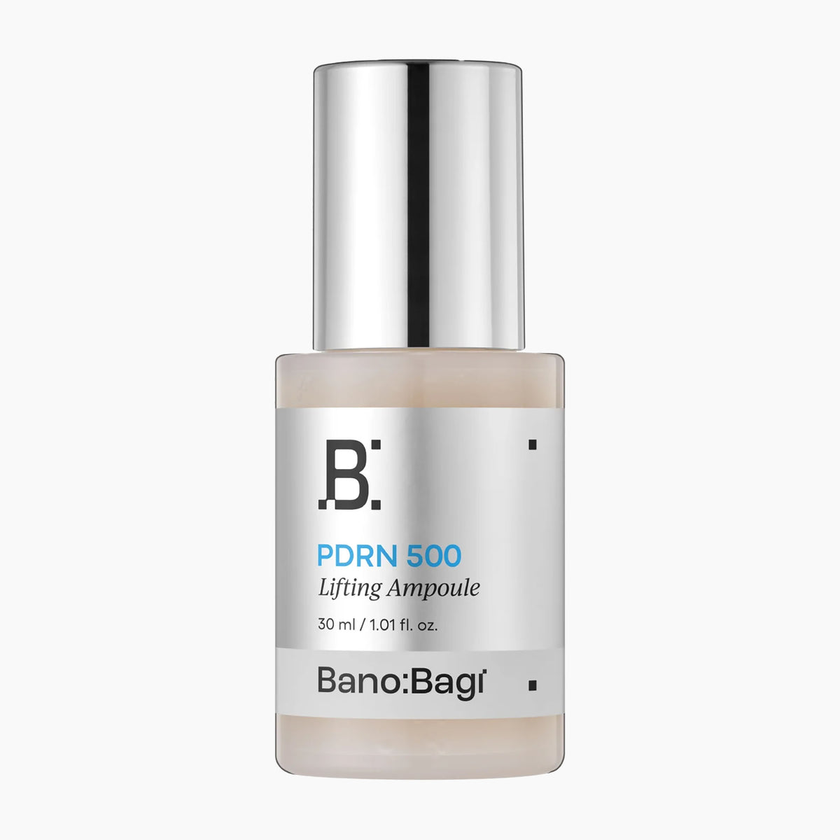 Bano:Bagi PDRN 500 Lifting Ampoule, a 30 ml skincare ampoule with a reflective silver cap and a white label, shown on a light gray background.