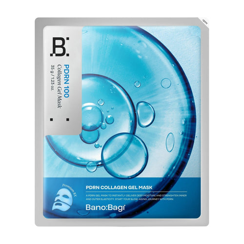 BanoBagi PDRN Collagen Gel Mask packaging with blue gel bubbles on a white background
