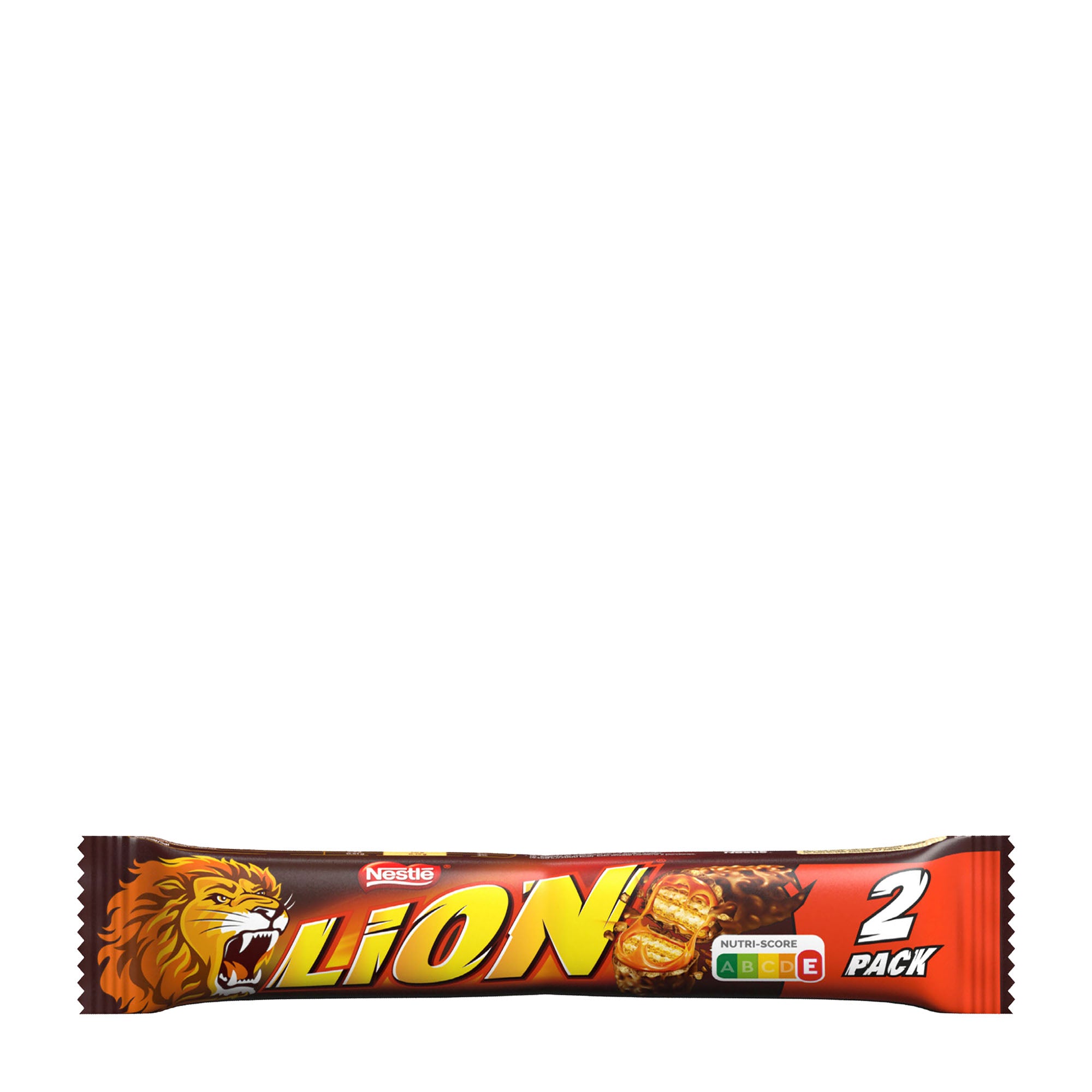 Packaging of Lion Choco 2Pack wafer bars, showing two mini wafer bars with caramel and cereals covered in milk chocolate.
