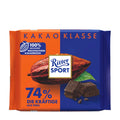 A Ritter Sport dark chocolate bar with 74% cocoa, indicating it is strong and intense, made with sustainably sourced cocoa.