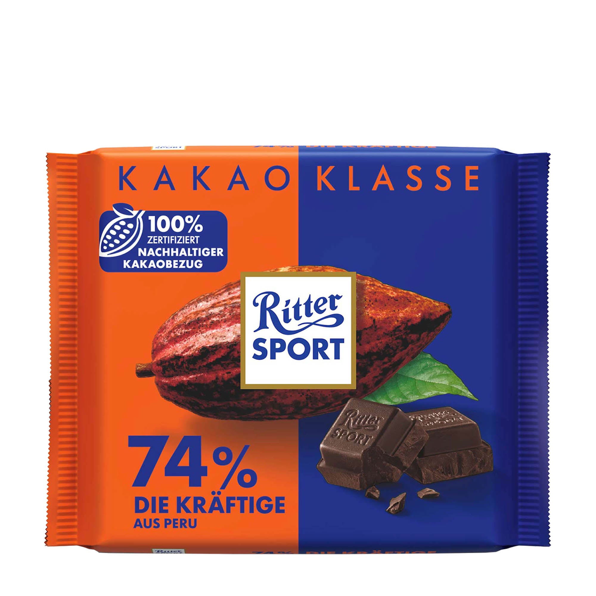 A Ritter Sport dark chocolate bar with 74% cocoa, indicating it is strong and intense, made with sustainably sourced cocoa.