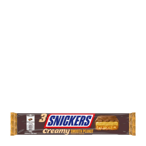 Snickers Creamy Smooth Peanut 3x milk chocolate bars packaging on a white background.