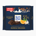 A Ritter Sport Dark Orange chocolate bar package, a limited edition 75g size. The packaging is dark navy blue with illustrations of trees, a red 'LIMITED EDITION' label, and graphics of dark chocolate squares, an orange slice, and a white orchid flower.
