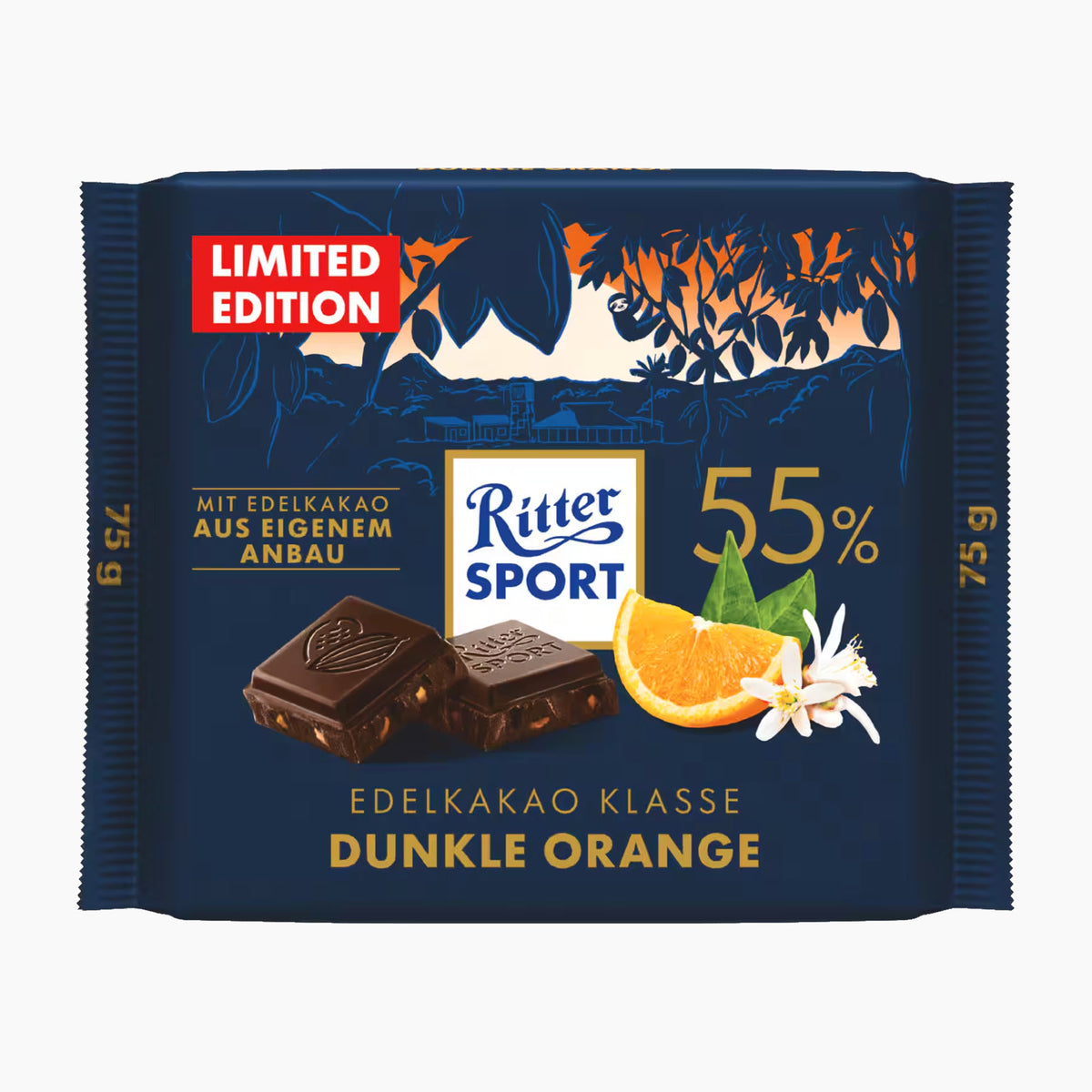 A Ritter Sport Dark Orange chocolate bar package, a limited edition 75g size. The packaging is dark navy blue with illustrations of trees, a red 'LIMITED EDITION' label, and graphics of dark chocolate squares, an orange slice, and a white orchid flower.