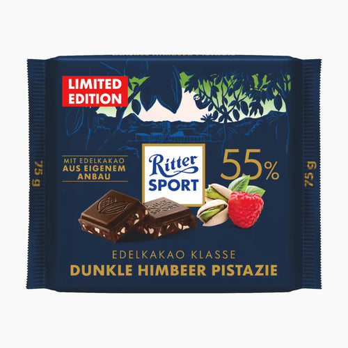 Ritter Sport Raspberry Pistachio 55% Dark Chocolate Bar packaging on a light gray background.