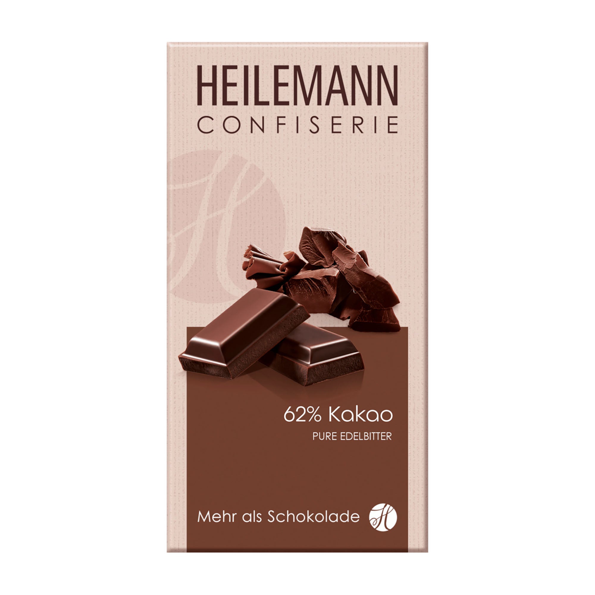 Dark chocolate bar packaging with 'Heilemann Confiserie' branding on a beige background