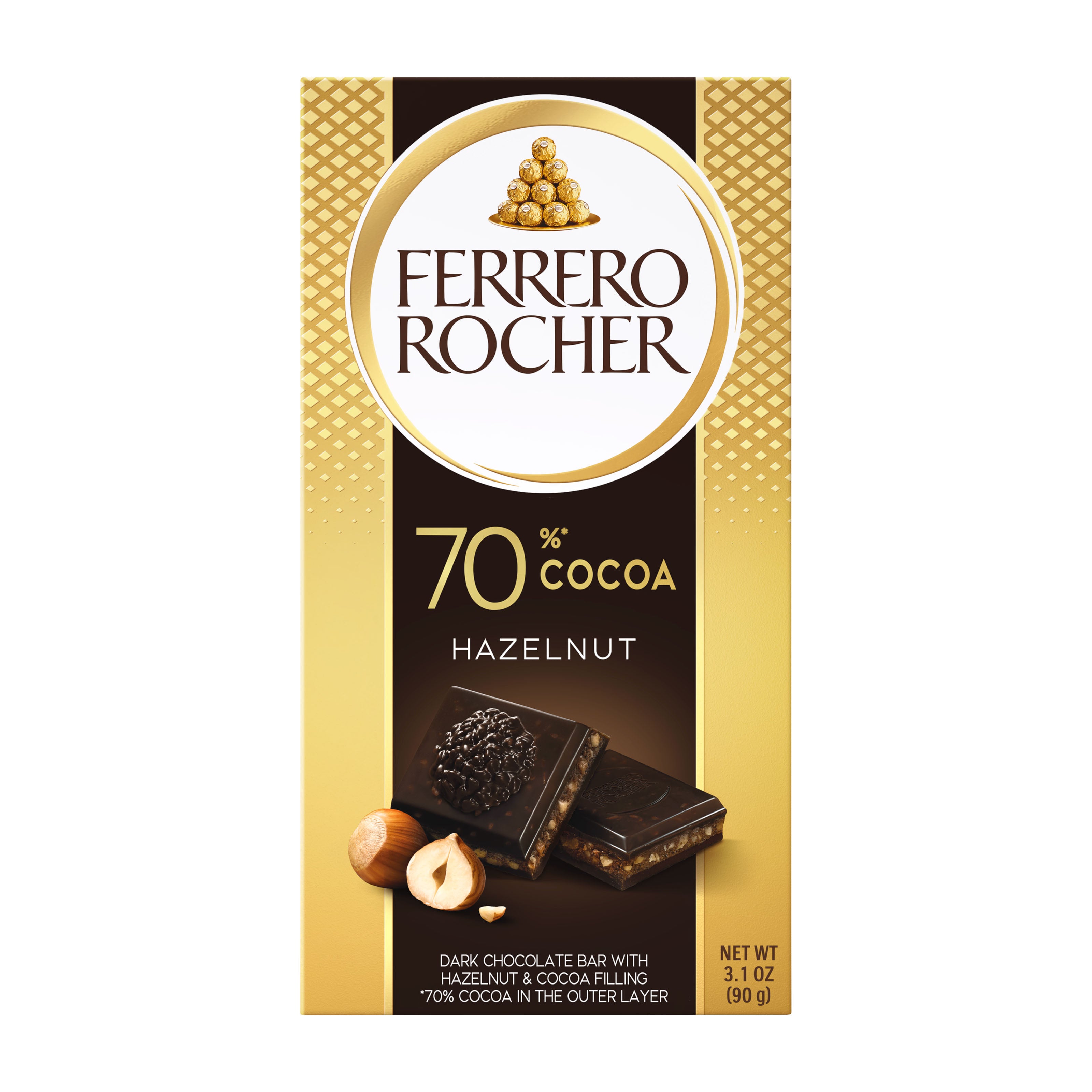 Ferrero Rocher 70% Cocoa Hazelnut chocolate bar packaging on a white background