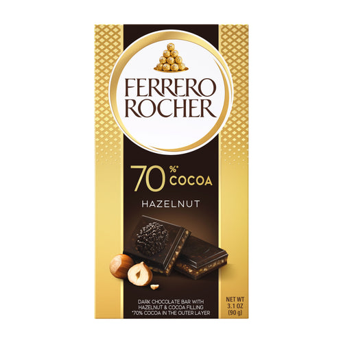 Ferrero Rocher 70% Cocoa Hazelnut chocolate bar packaging on a white background
