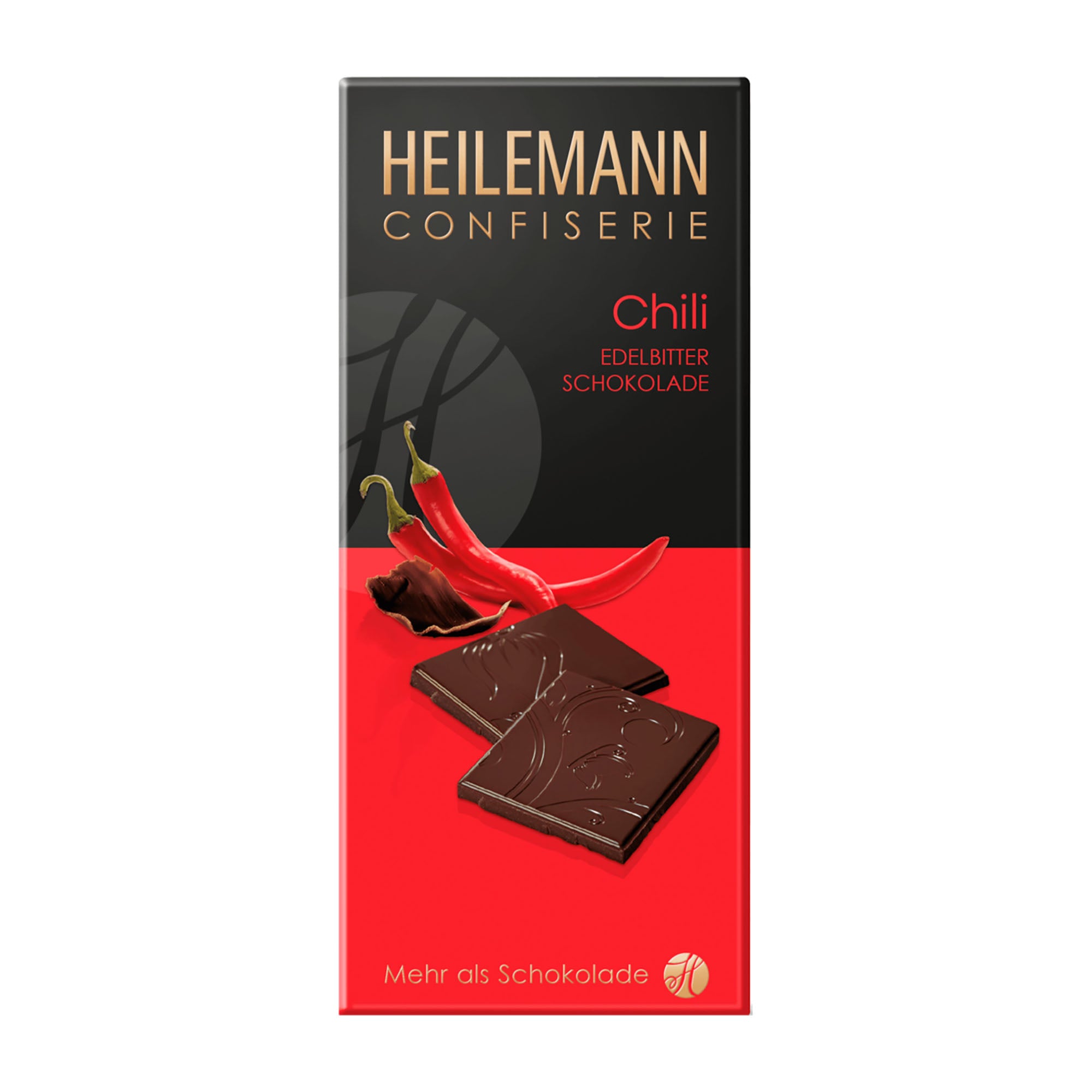 Heilemann Confiserie chili dark chocolate bar packaging on a white background