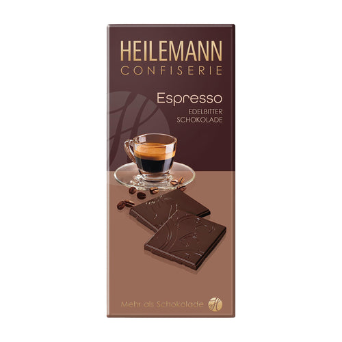 Heilemann Confiserie Espresso dark chocolate packaging with a glass of coffee and chocolate pieces.
