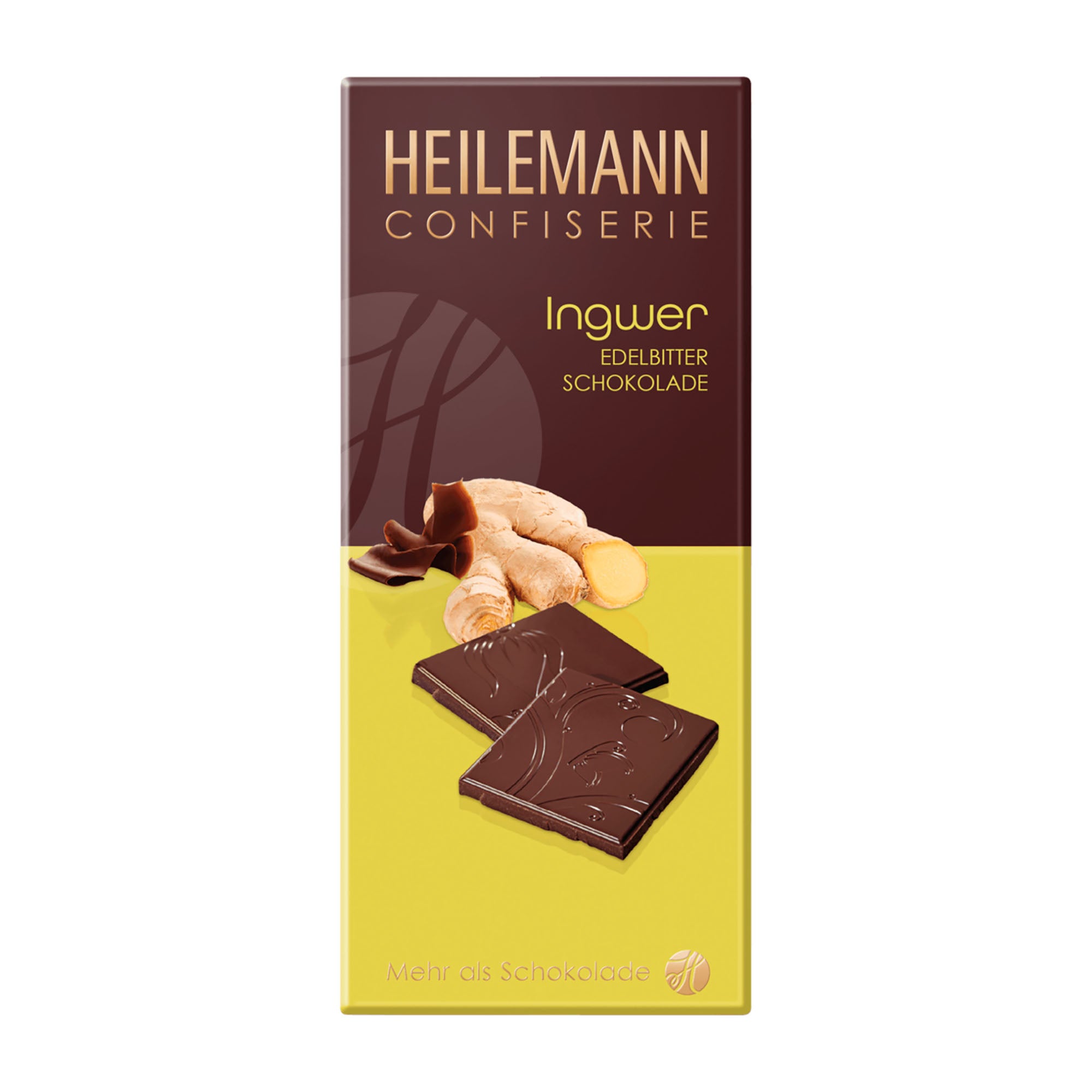 Heilemann Confiserie ginger dark chocolate bar packaging on a white background
