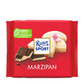 Packaging of Ritter Sport Marzipan dark chocolate bar, 100g with images of the chocolate bar and marzipan on the front.
