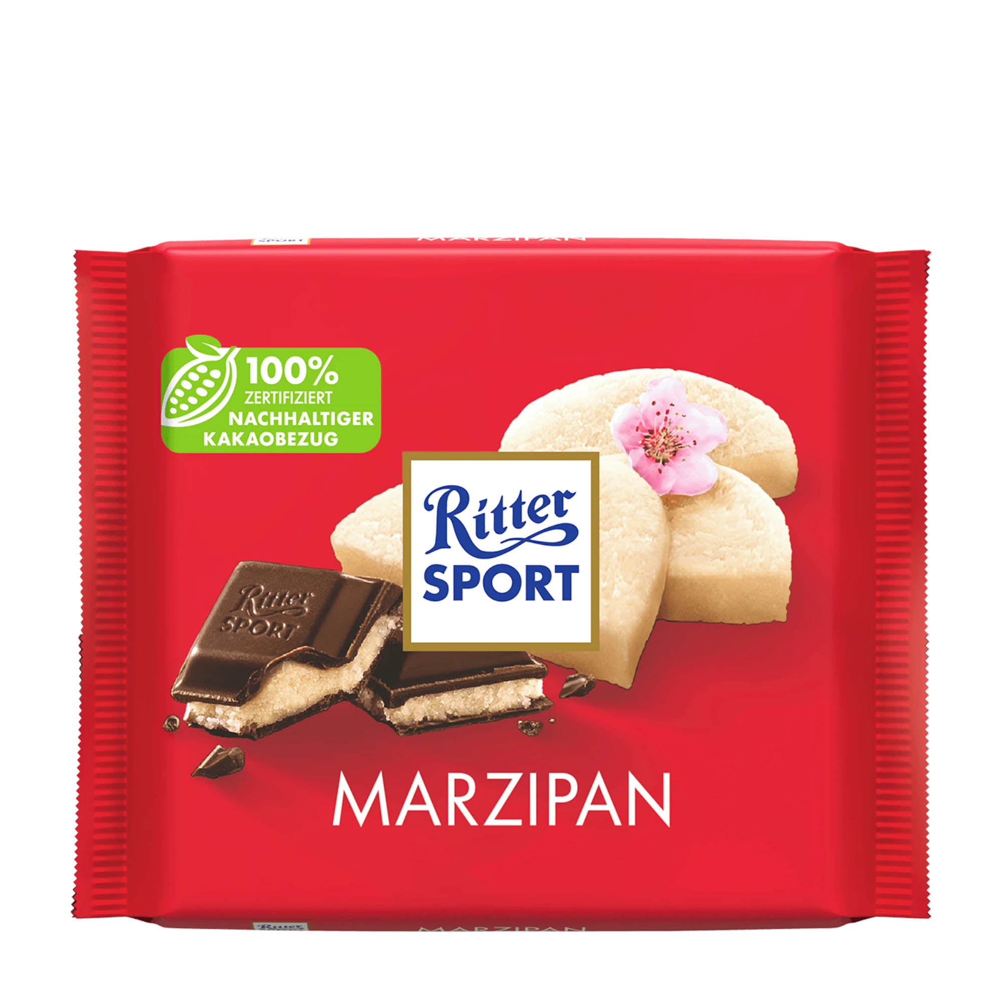 Packaging of Ritter Sport Marzipan dark chocolate bar, 100g with images of the chocolate bar and marzipan on the front.