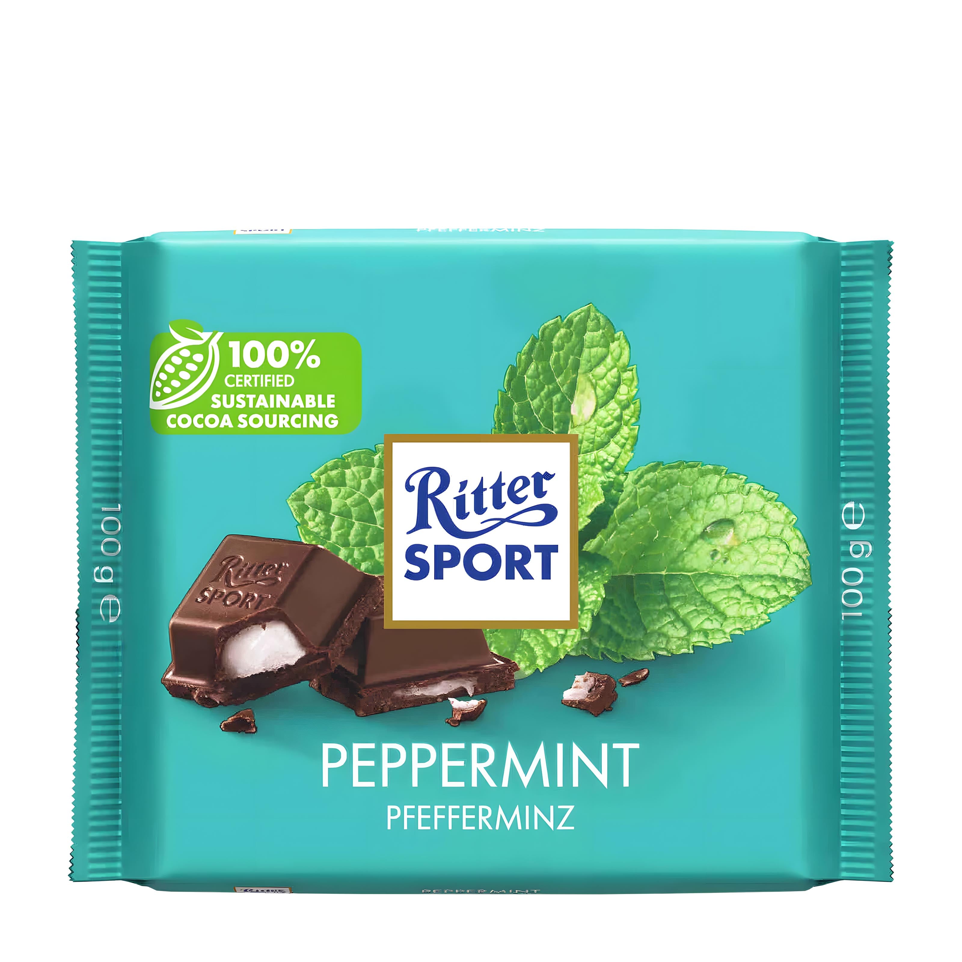 Ritter Sport peppermint dark chocolate bar packaging on a white background