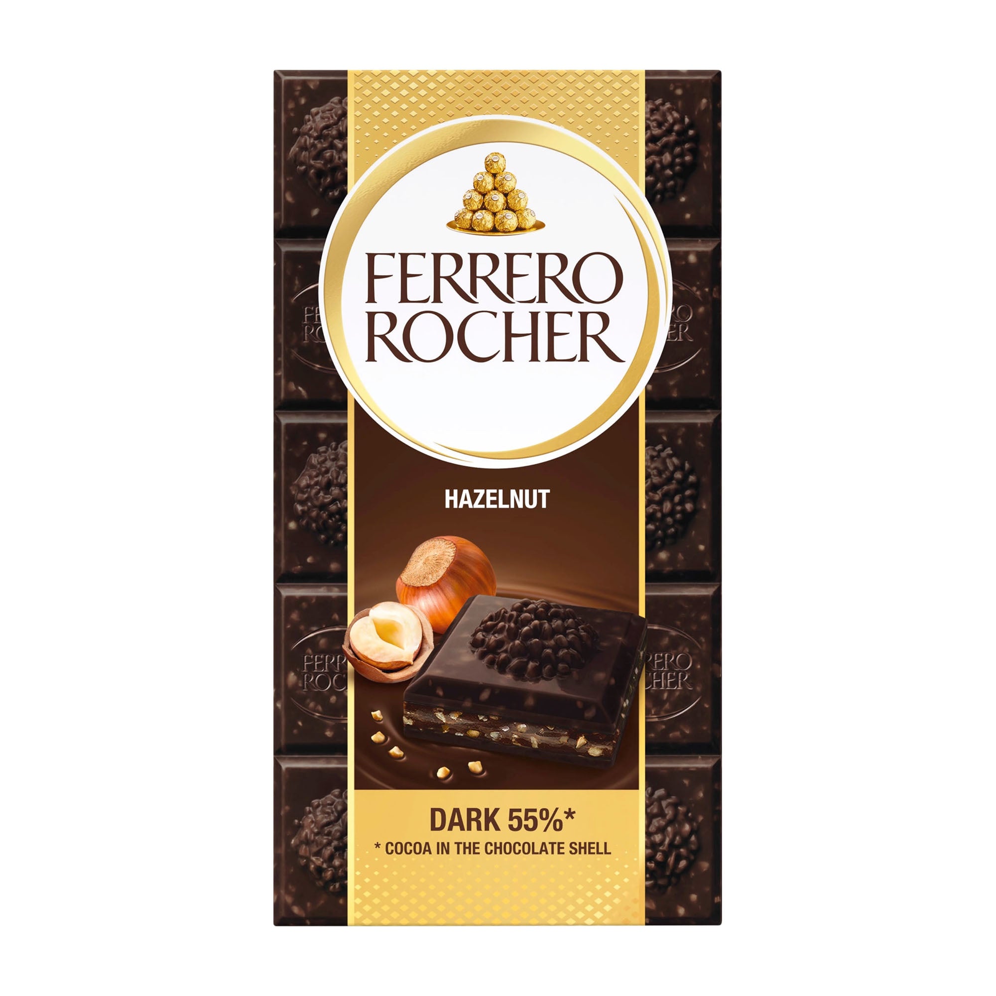 Ferrero Rocher Hazelnut 55% cocoa Dark Chocolate packaging on a white background
