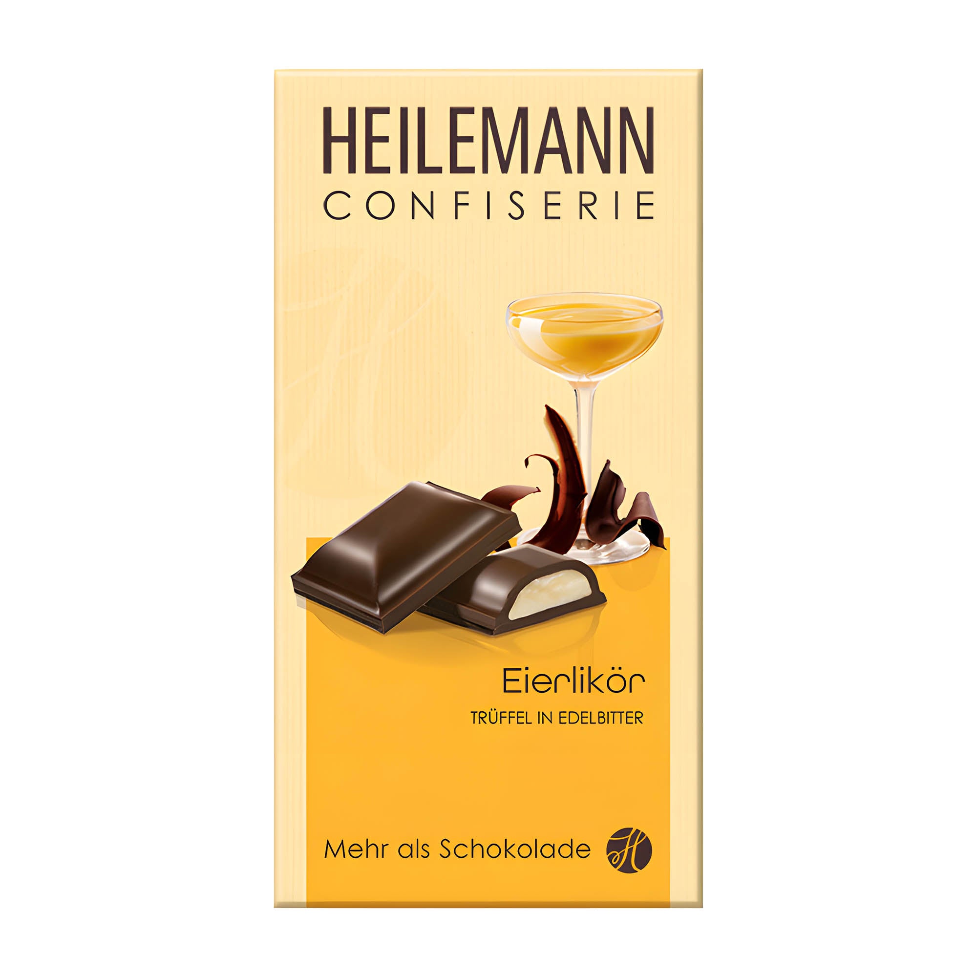 Packaging of Heilemann Eggnog-Truffle dark chocolate bar, 100 g, with an illustration of the chocolate bar and a glass of eggnog.