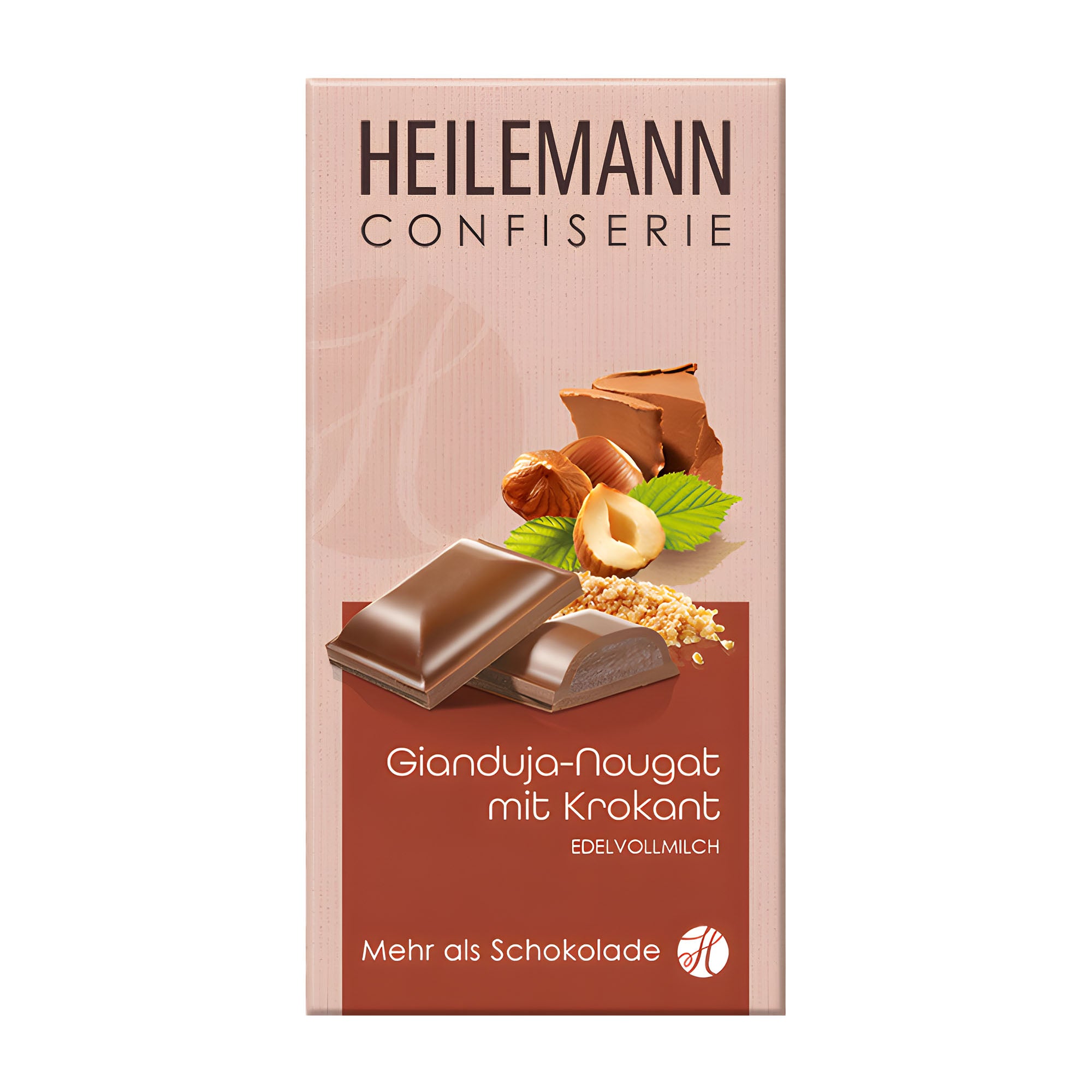 Packaging of Heilemann Gianduja-Nougat with Brittle milk chocolate bar, showing the product and its name, along with images of chocolate pieces, a bar, and a nut.