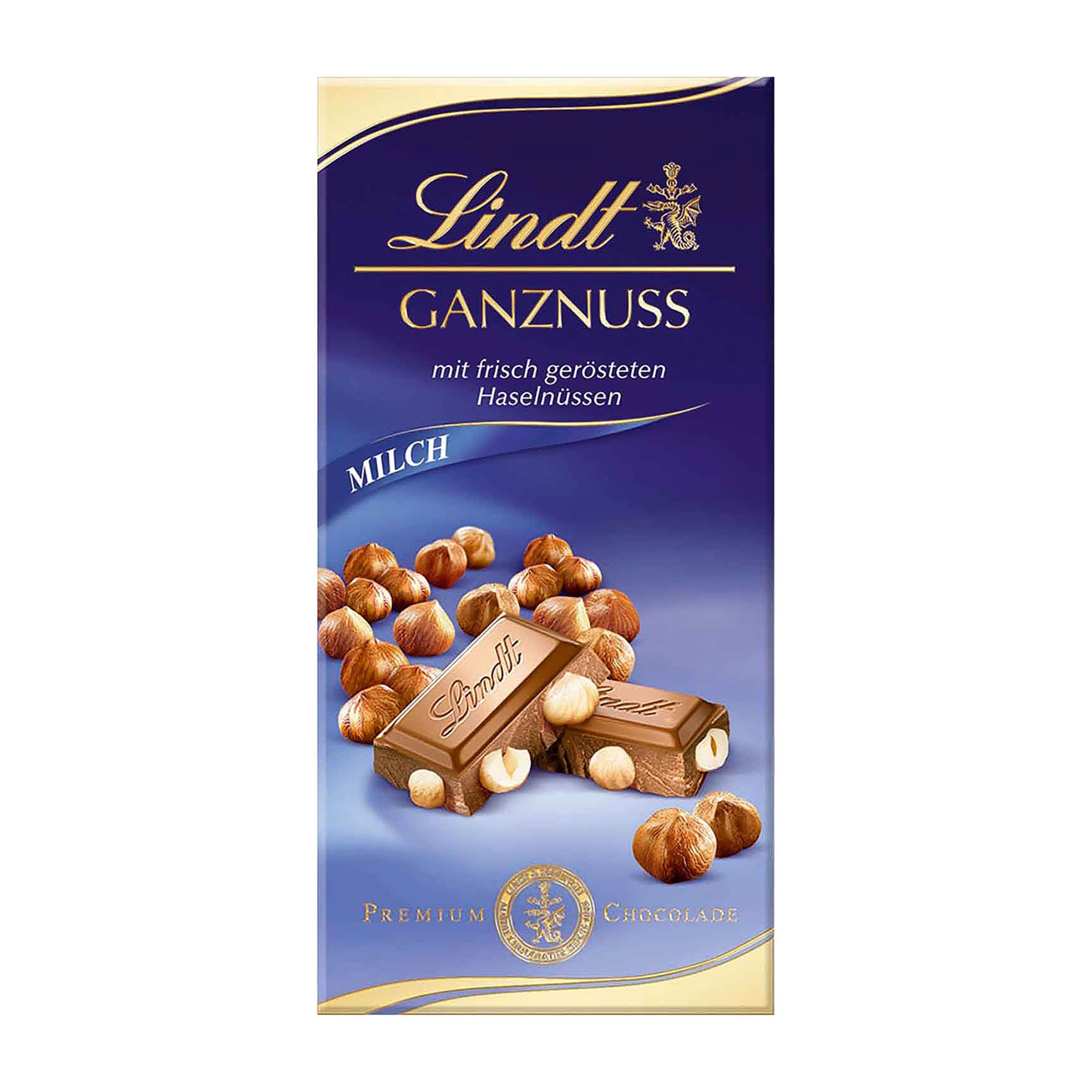 Packaging of Lindt Premium Hazelnut milk chocolate bar, showing the bar and whole hazelnuts on a white background.