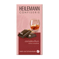 Packaging of Heilemann Jamaica Rum-Truffle dark chocolate bar, showing the bar and a glass of rum on the front, with a pink and red background.