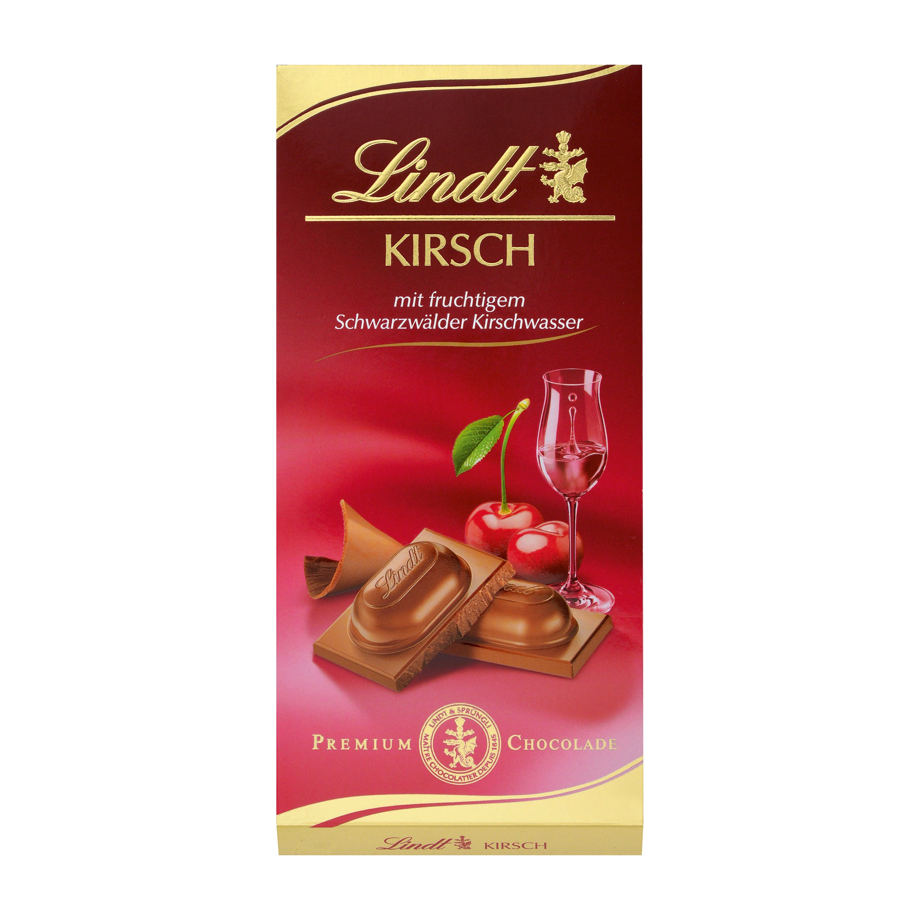 Lindt Kirsch milk chocolate bar packaging with cherries and a glass on a red background
