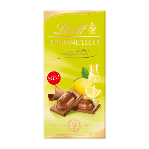 Lindt Limoncello milk chocolate bar packaging on a white background