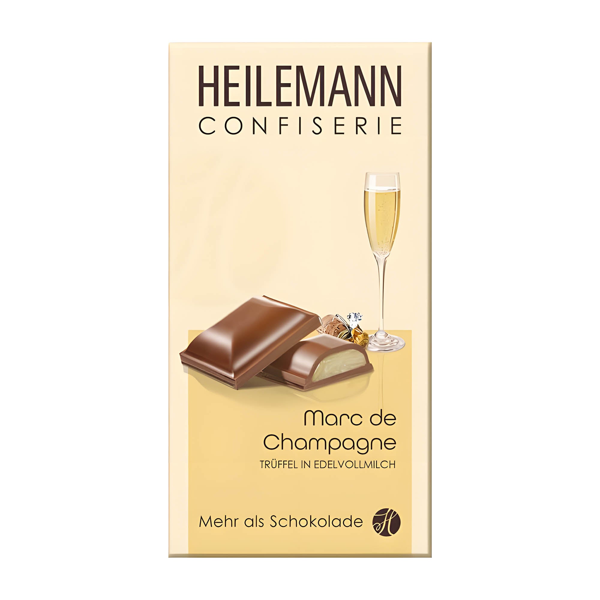 Packaging of Heilemann Marc de Champagne-Truffle milk chocolate bar, 100 g, with an image of the chocolate bar and a glass of champagne on the front.