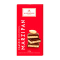 Packaging of Niederegger Marzipan bar classic dark chocolate, showing the product name and a stack of chocolate bars with marzipan on top, against a red background.