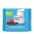 A Ritter Sport Alpine milk chocolate bar, 100 grams, with packaging showing the brand logo, a milk bottle, and pieces of chocolate.