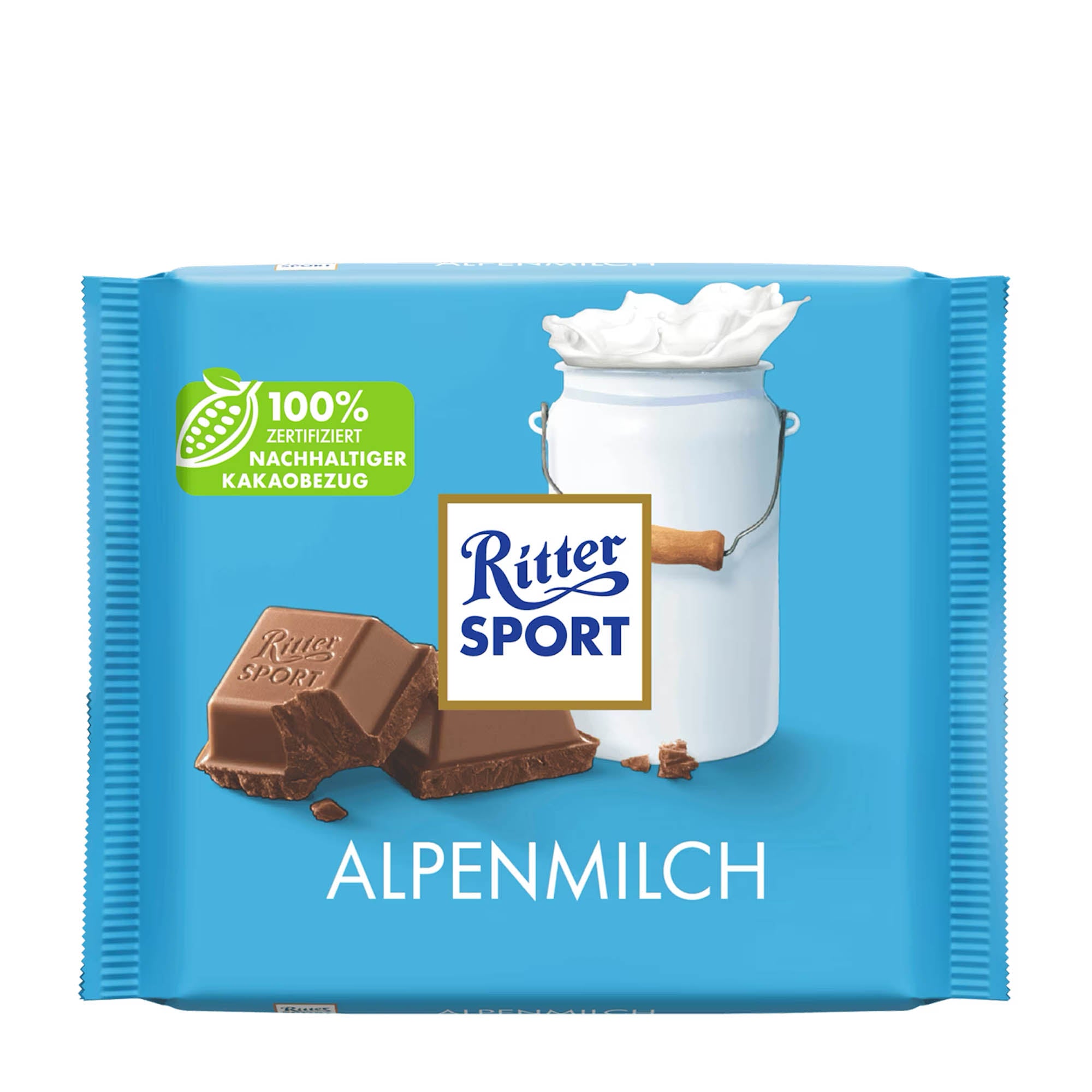 A Ritter Sport Alpine milk chocolate bar, 100 grams, with packaging showing the brand logo, a milk bottle, and pieces of chocolate.