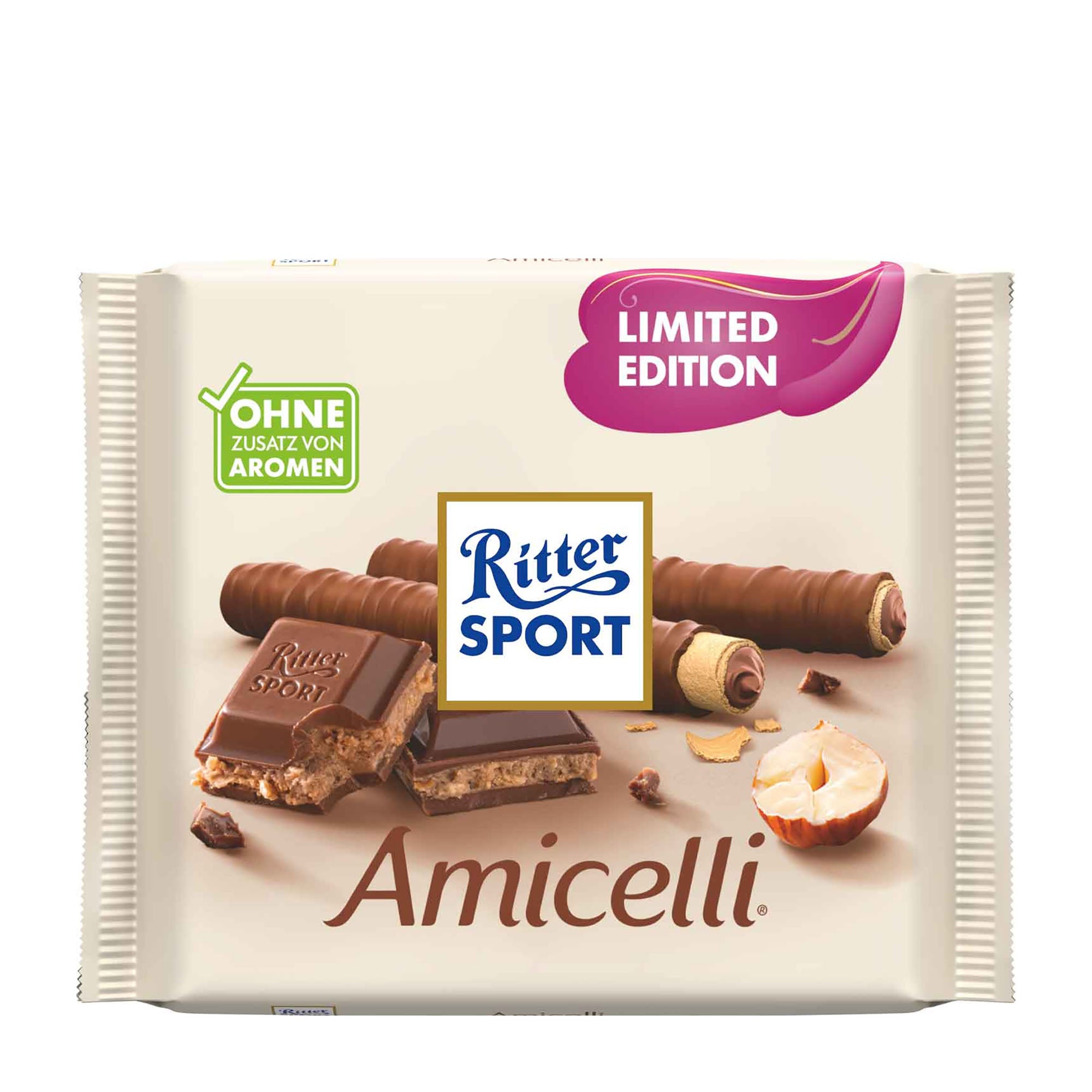 Ritter Sport Amicelli milk chocolate packaging on a white background