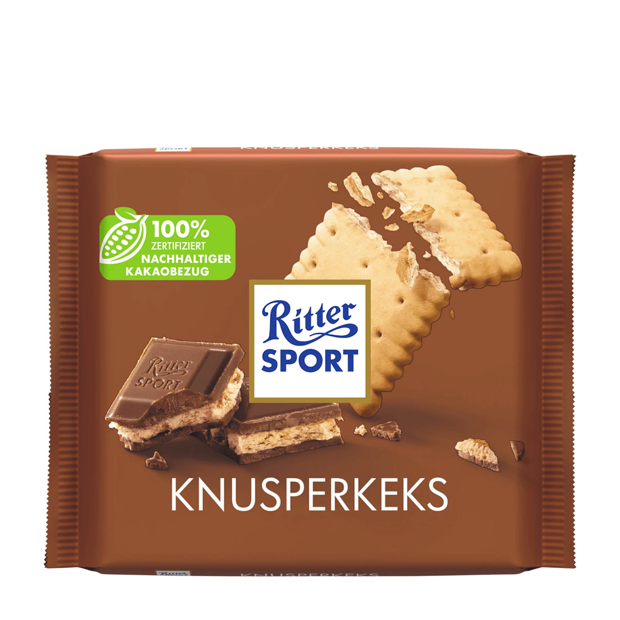 Packaging of Ritter Sport Butter Biscuit milk chocolate bar, showing the chocolate bar, biscuits, and the text 'Knusperkeks' on a brown background.