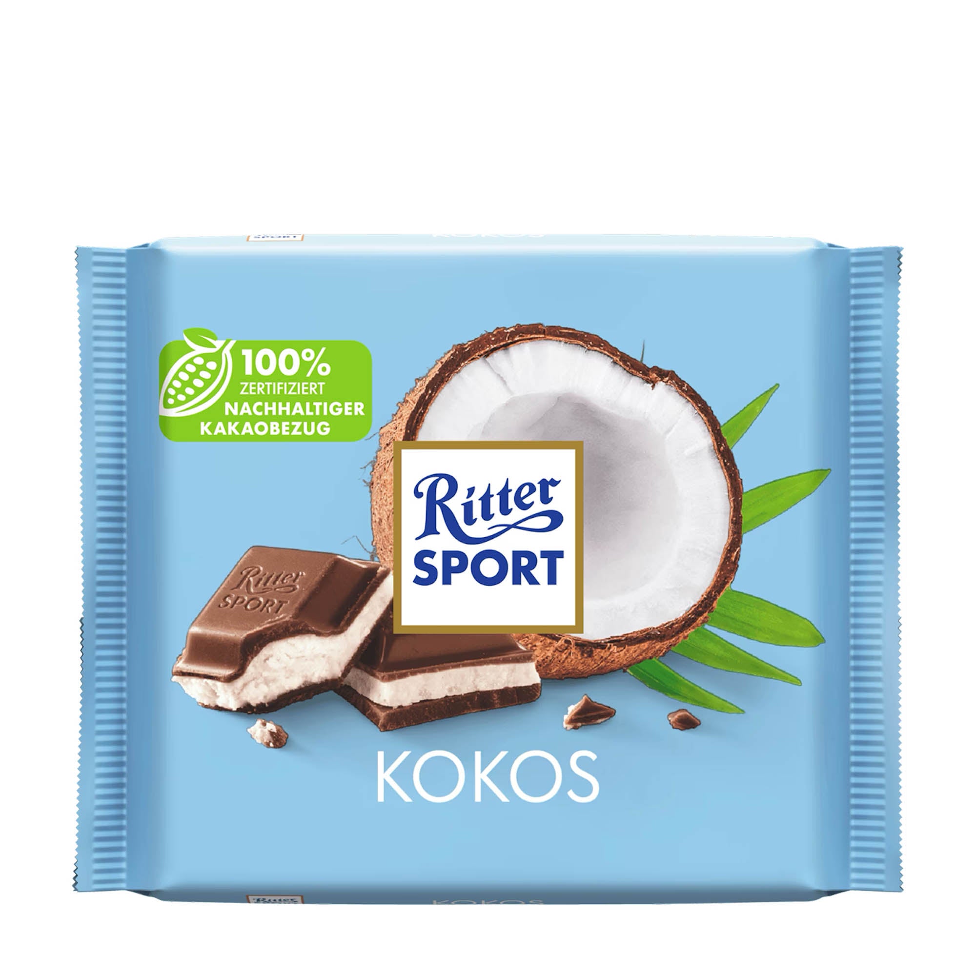 Packaging of Ritter Sport Coconut Milk Chocolate Bar, 100g, showing the bar and a halved coconut with the text 'KOKOS' on the bottom.