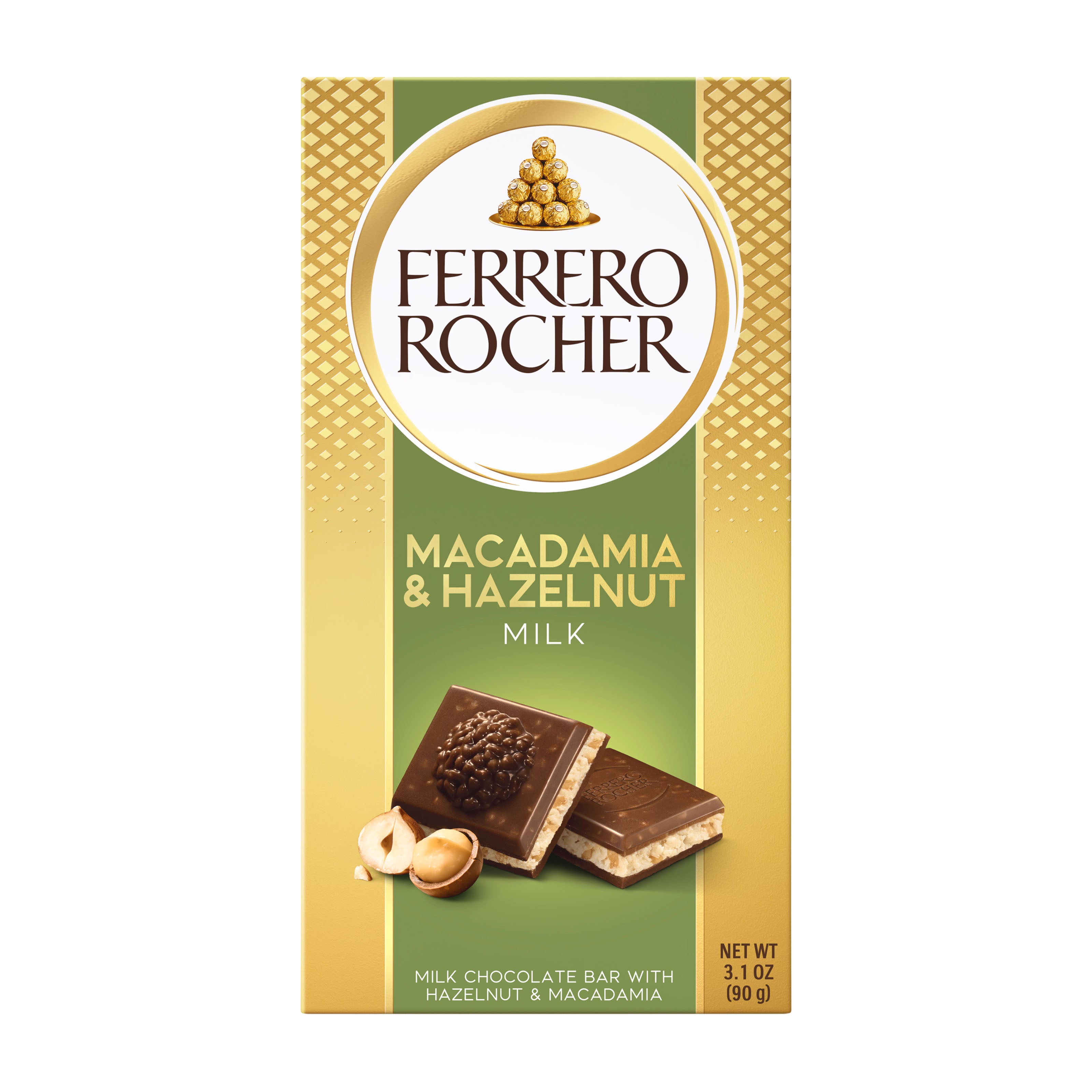 Ferrero Rocher Macadamia & Hazelnut milk chocolate bar packaging on a white background