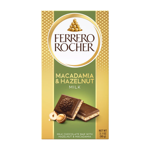 Ferrero Rocher Macadamia & Hazelnut milk chocolate bar packaging on a white background