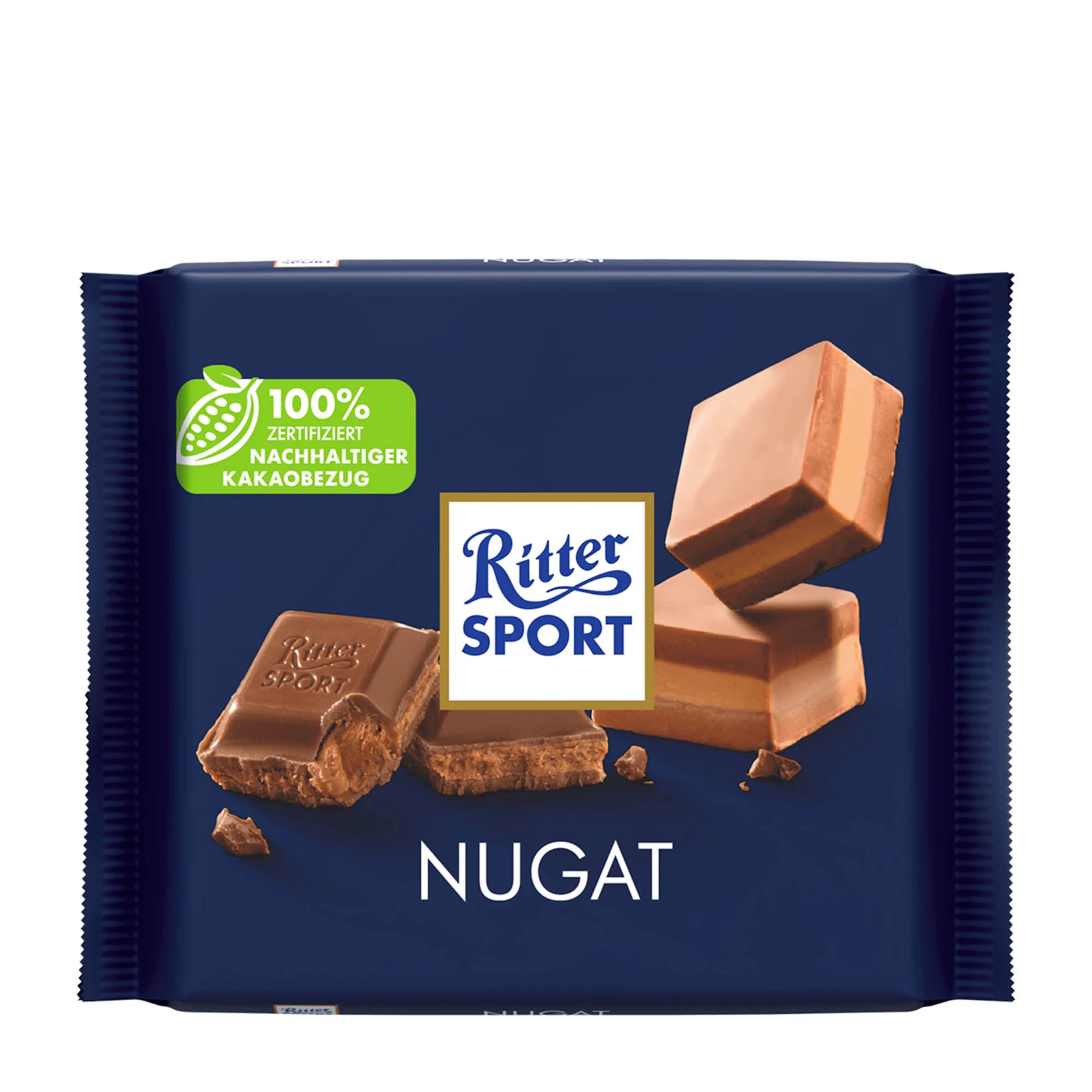 Packaging of Ritter Sport Nougat milk chocolate bar, showing the chocolate bars and pieces with nougat filling on a blue background.