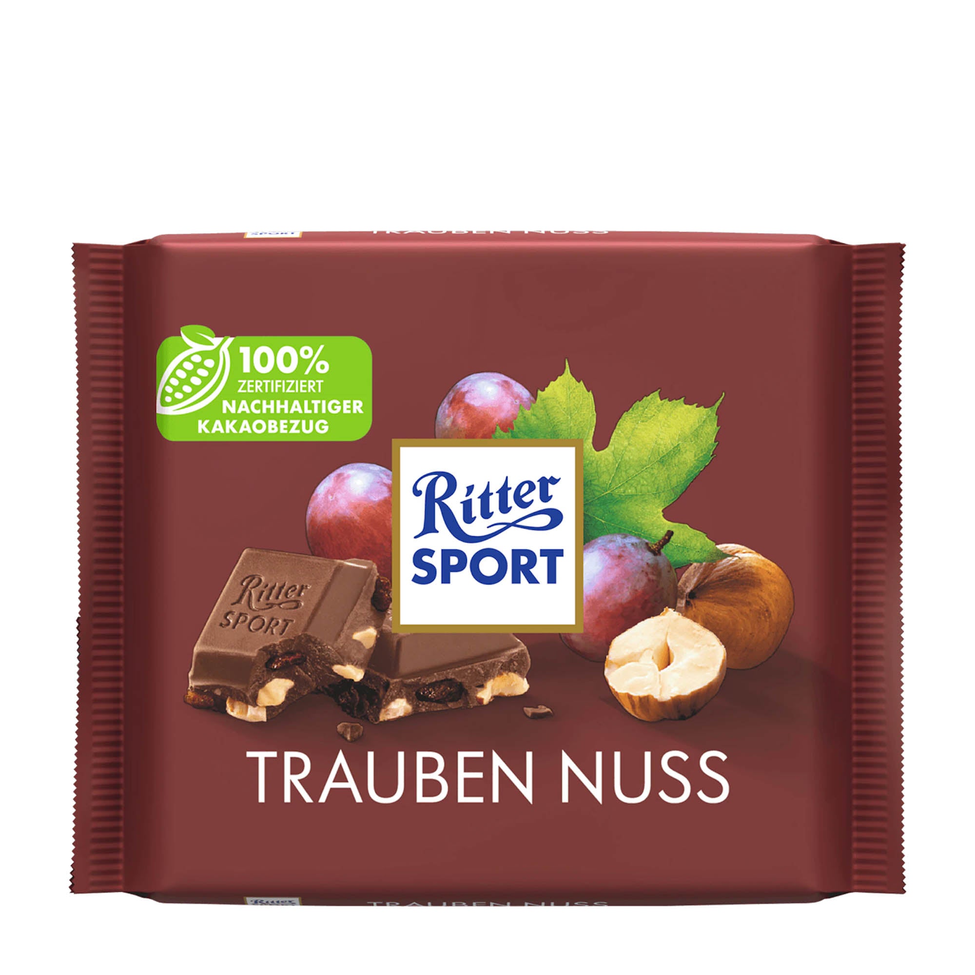 Packaging of Ritter Sport Raisin Hazelnut milk chocolate bar, showing the bar with pieces of hazelnut and raisins, and the Ritter Sport logo.