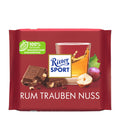 Packaging of Ritter Sport Rum Raisin Hazelnut milk chocolate bar, showing the bar and ingredients like rum, raisins, and hazelnuts.