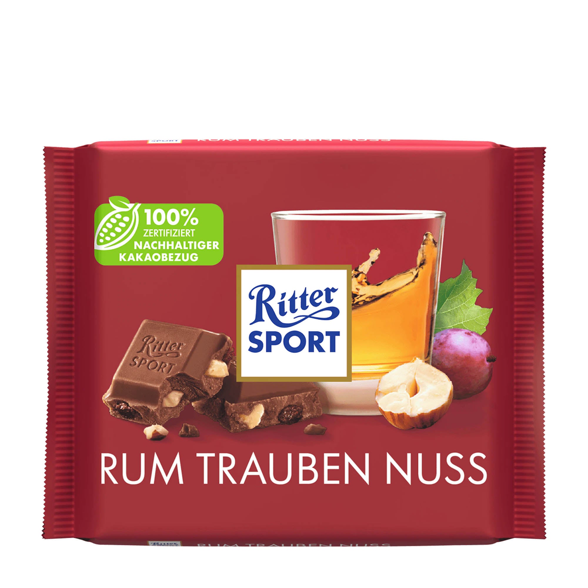 Packaging of Ritter Sport Rum Raisin Hazelnut milk chocolate bar, showing the bar and ingredients like rum, raisins, and hazelnuts.