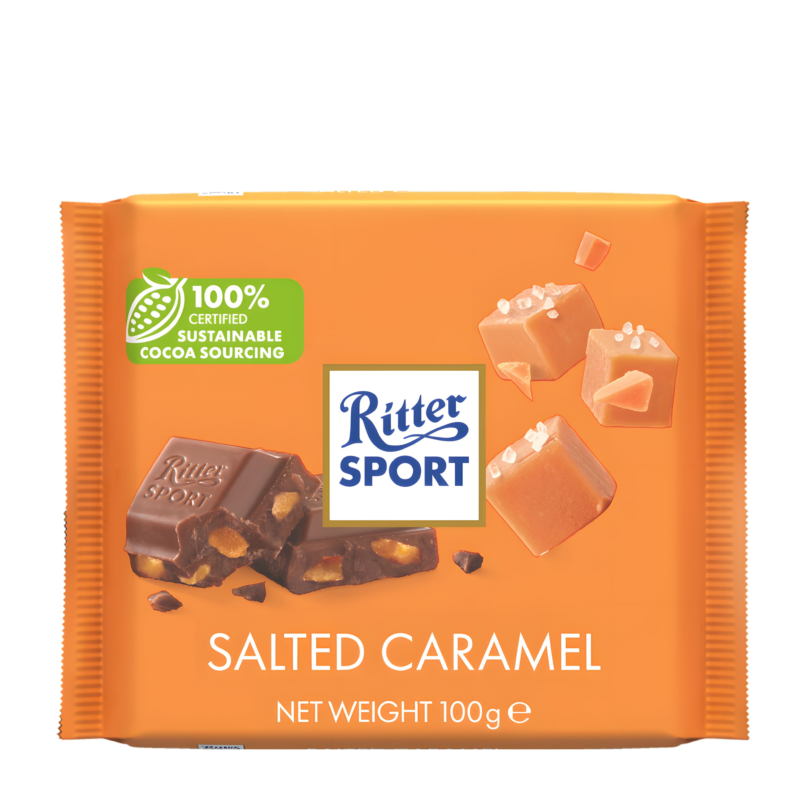 Ritter Sport Salted Caramel milk chocolate packaging on a white background