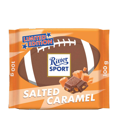 Ritter Sport Salted Caramel chocolate packaging with football design on a white background