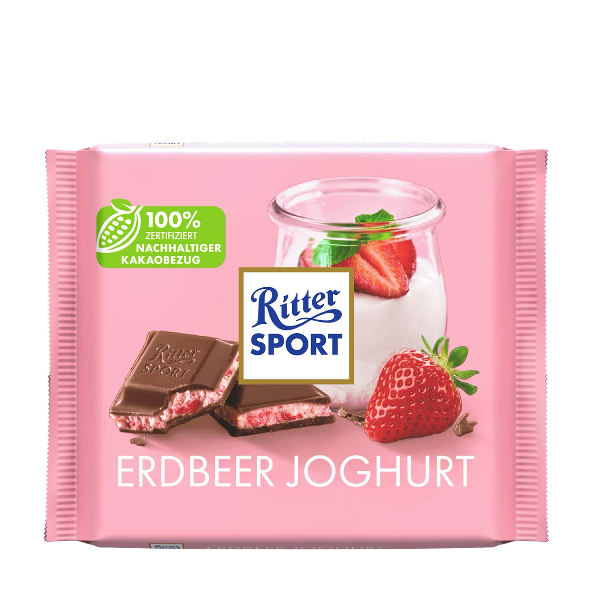 Packaging of Ritter Sport Strawberry Yogurt milk chocolate bar, 100 g, showing the chocolate bar, a glass of yogurt, and a strawberry, against a pink background.