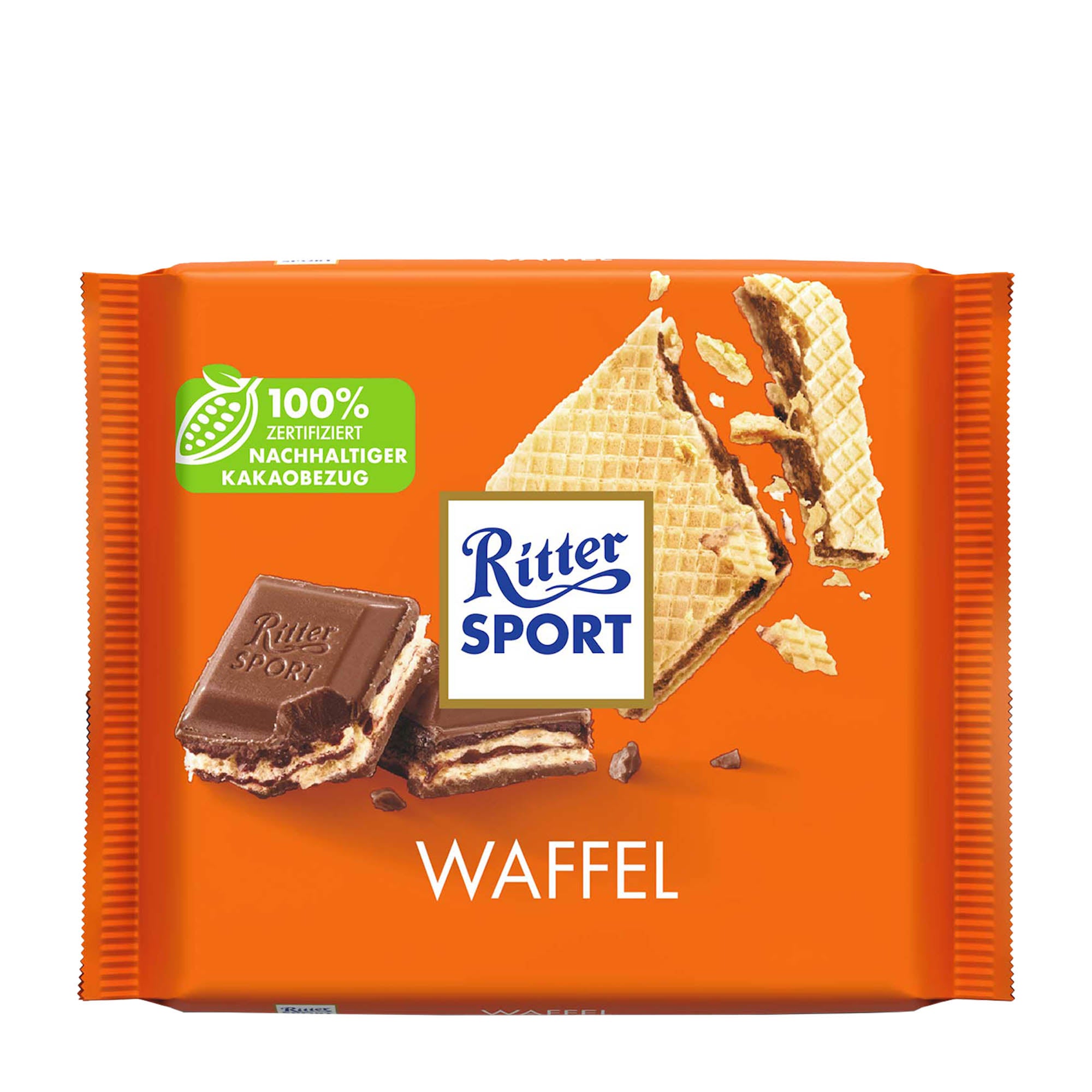 Packaging of Ritter Sport Wafer milk chocolate bar, 100 g, showing the product and its name, with images of the chocolate bar and wafers on an orange background.