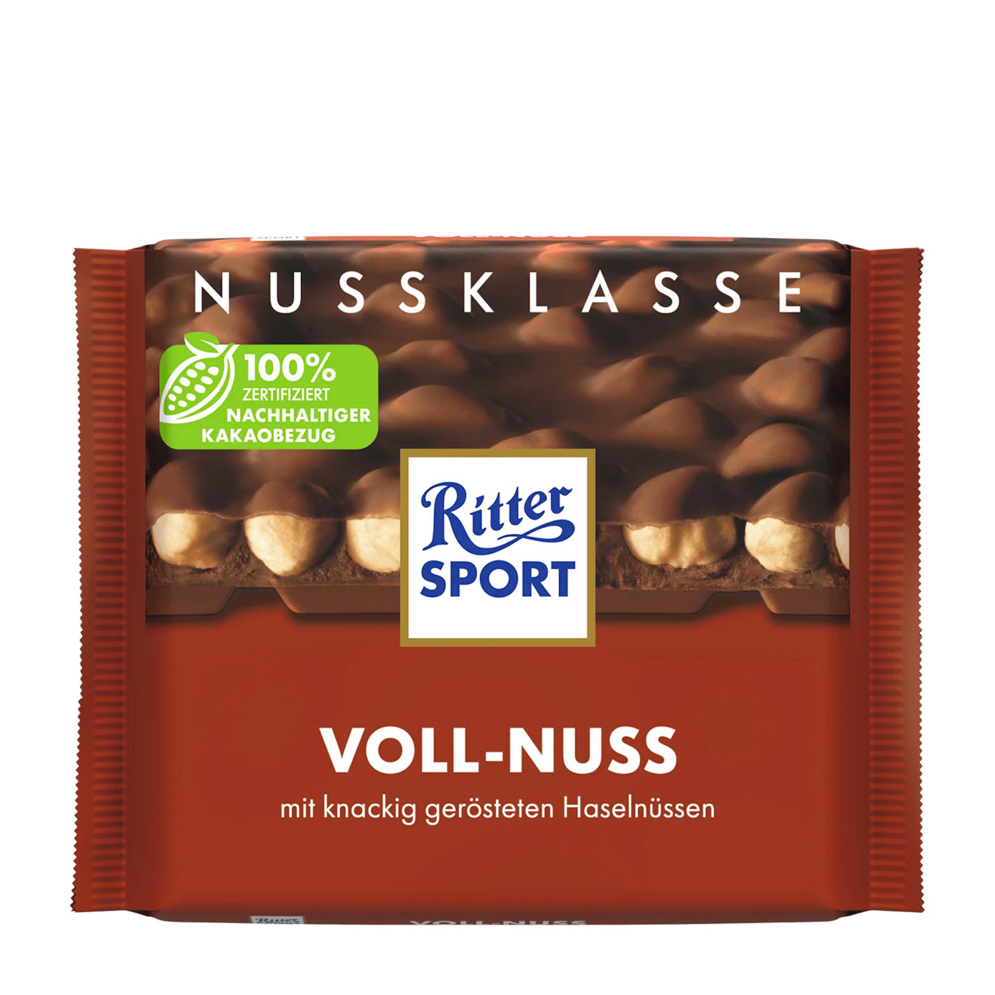 Packaging of Ritter Sport Nut Class Whole Hazelnut milk chocolate bar, showing the bar and the nuts inside.