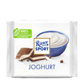 Packaging of Ritter Sport Yogurt milk chocolate bar, 100 g, showing the bar and a bowl of low-fat yogurt cream, with the Ritter Sport logo and the word 'JOGHURT' prominently displayed.