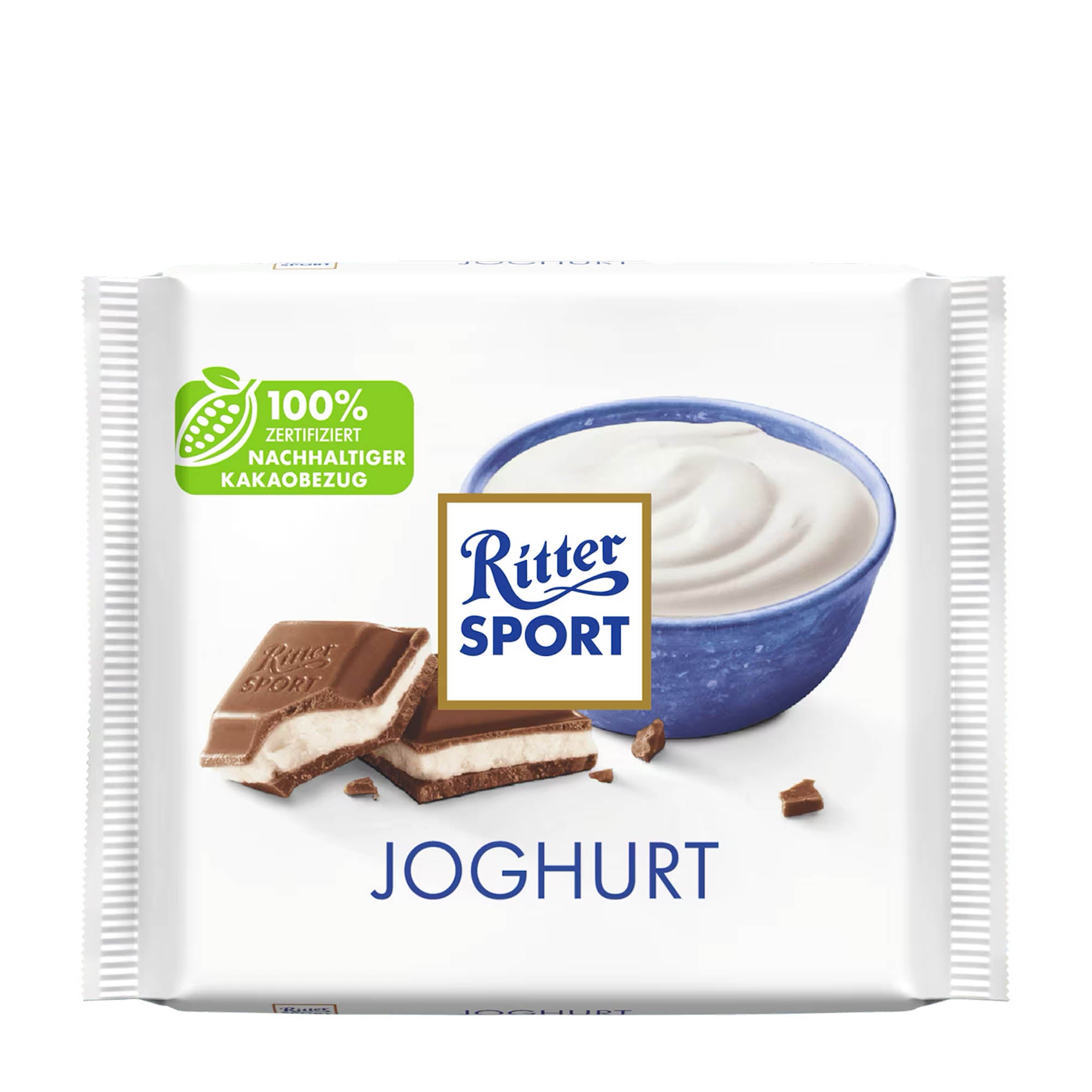 Packaging of Ritter Sport Yogurt milk chocolate bar, 100 g, showing the bar and a bowl of low-fat yogurt cream, with the Ritter Sport logo and the word 'JOGHURT' prominently displayed.