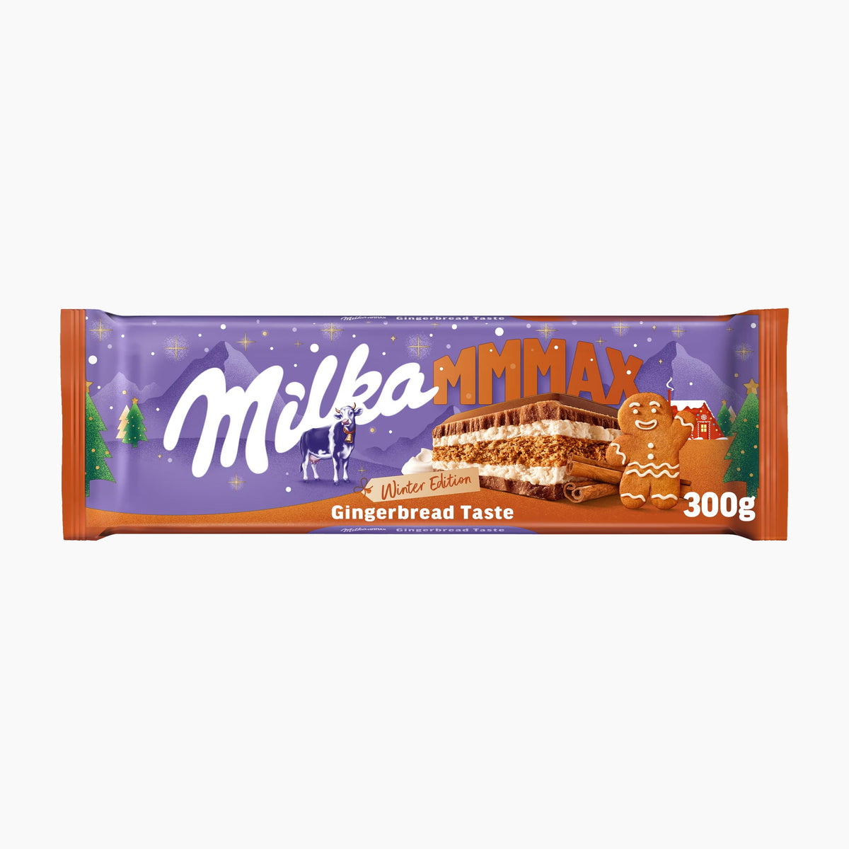 Milka MMMAX Gingerbread Taste milk chocolate bar packaging on a light gray background.