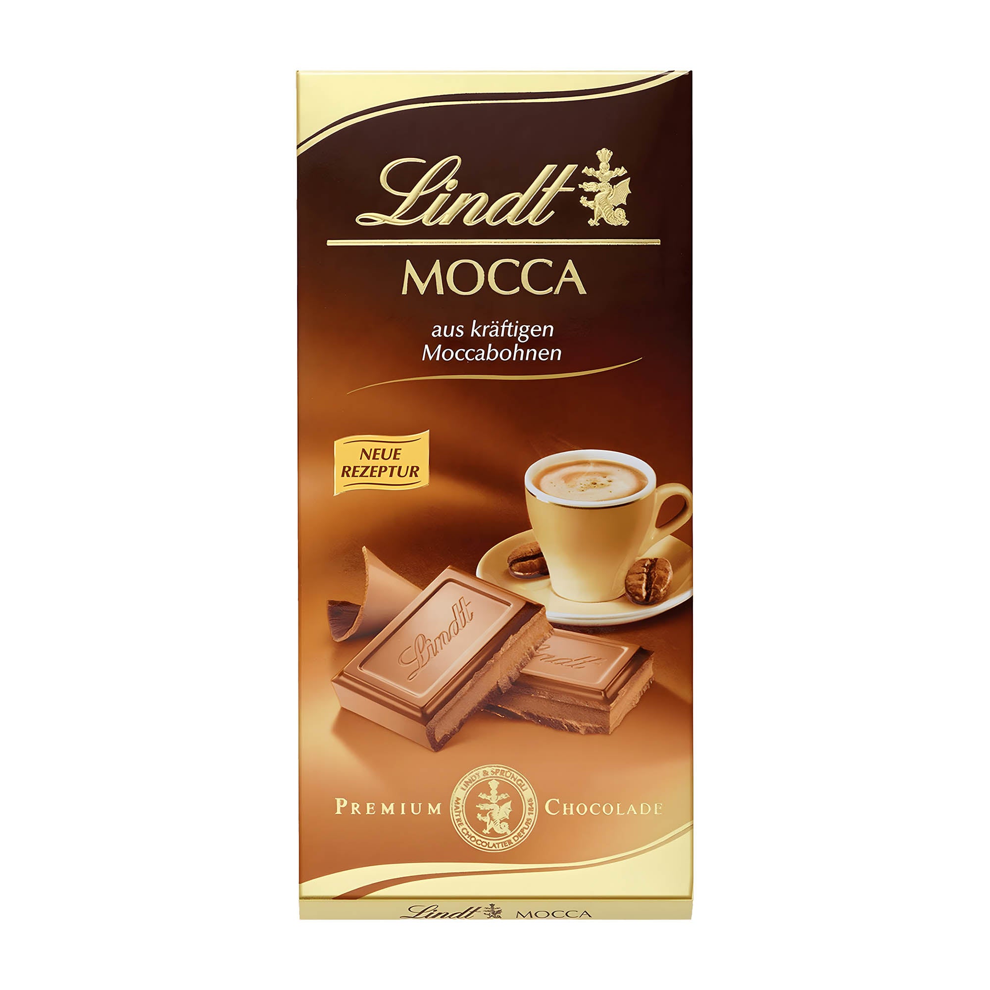 Packaging of Lindt Premium Mocca milk chocolate bar, showing the bar and a cup of coffee, with the Lindt logo and the words 'Mocca' and 'Premium' on the front.