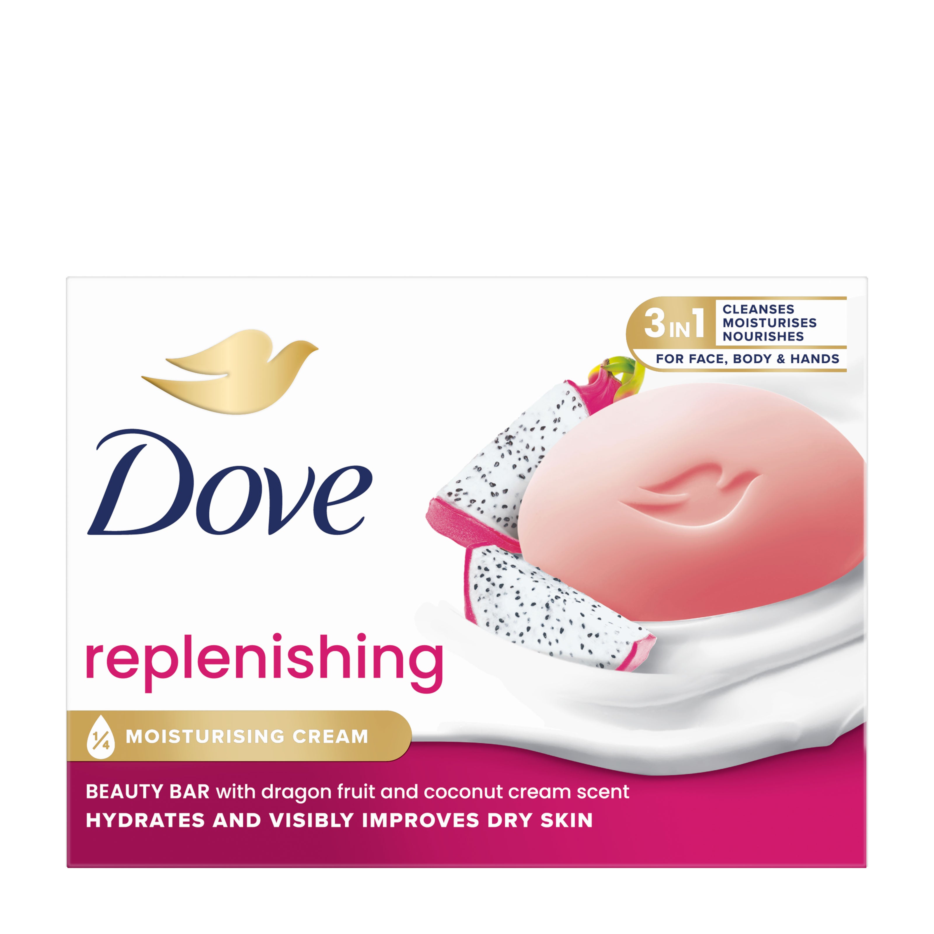 Dove replenishing soap bar on a white background