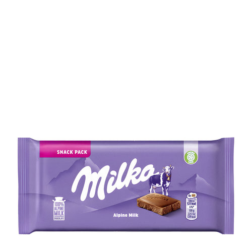 Milka Alpine Milk chocolate snack pack on a white background